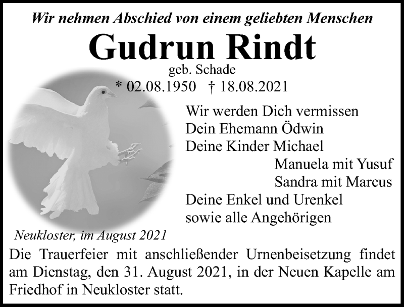  Traueranzeige für Gudrun Rindt vom 28.08.2021 aus Ostsee-Zeitung GmbH