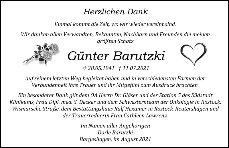  Traueranzeige für Günter Barutzki vom 21.08.2021 aus Ostsee-Zeitung GmbH