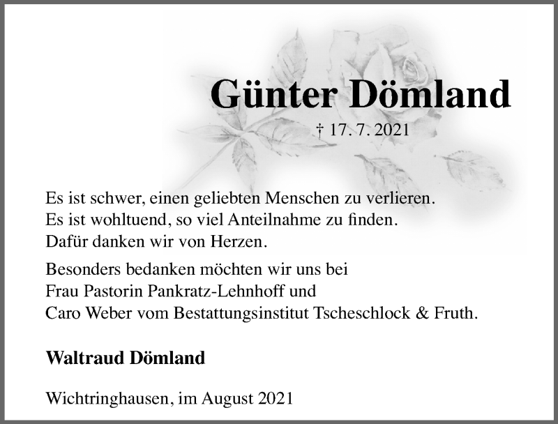  Traueranzeige für Günter Dömland vom 14.08.2021 aus Hannoversche Allgemeine Zeitung/Neue Presse