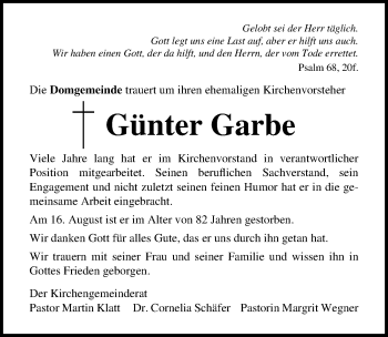 Traueranzeige von Günter Garbe von Lübecker Nachrichten