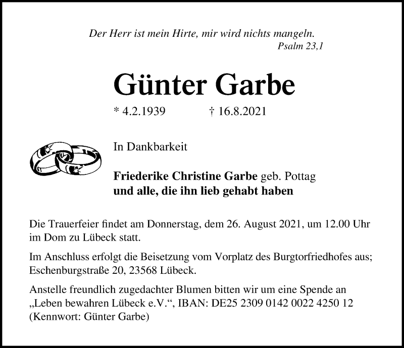  Traueranzeige für Günter Garbe vom 22.08.2021 aus Lübecker Nachrichten