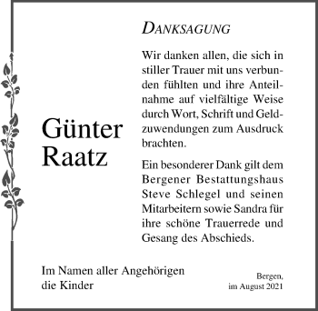 Traueranzeige von Günter Raatz von Ostsee-Zeitung GmbH