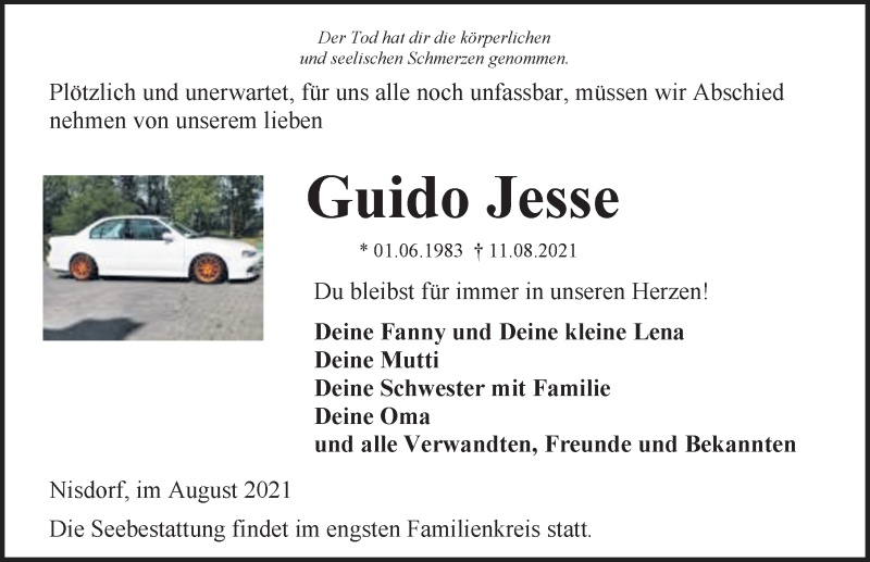  Traueranzeige für Guido Jesse vom 21.08.2021 aus Ostsee-Zeitung GmbH
