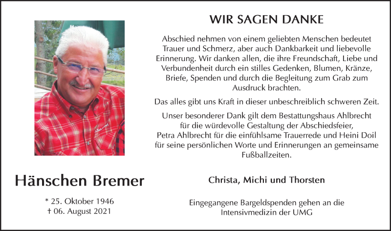  Traueranzeige für Hänschen Bremer vom 28.08.2021 aus Göttinger Tageblatt
