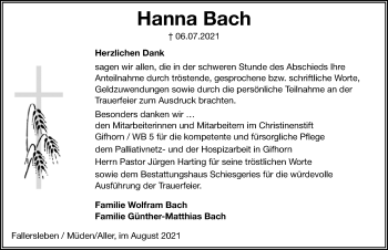 Traueranzeige von Hanna Bach von Aller Zeitung