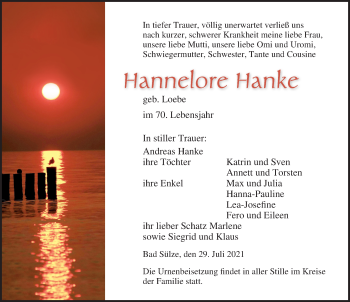 Traueranzeige von Hannelore Hanke von Ostsee-Zeitung GmbH