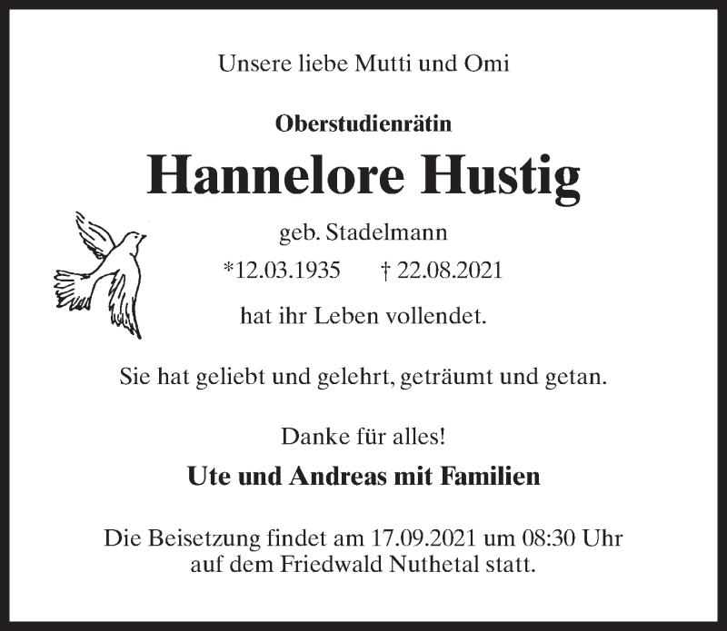  Traueranzeige für Hannelore Hustig vom 28.08.2021 aus Märkischen Allgemeine Zeitung
