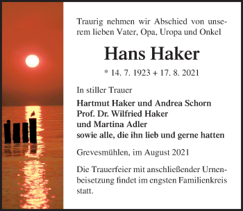 Traueranzeige von Hans Haker von Ostsee-Zeitung GmbH