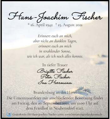 Traueranzeige von Hans-Joachim Fischer von Märkischen Allgemeine Zeitung