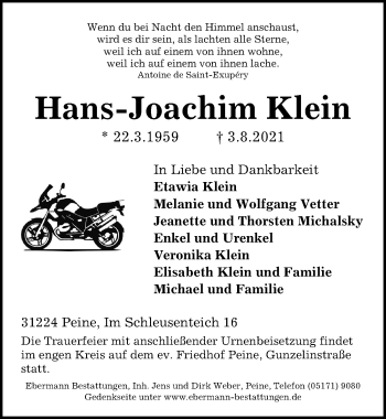 Traueranzeige von Hans-Joachim Klein von Peiner Allgemeine Zeitung