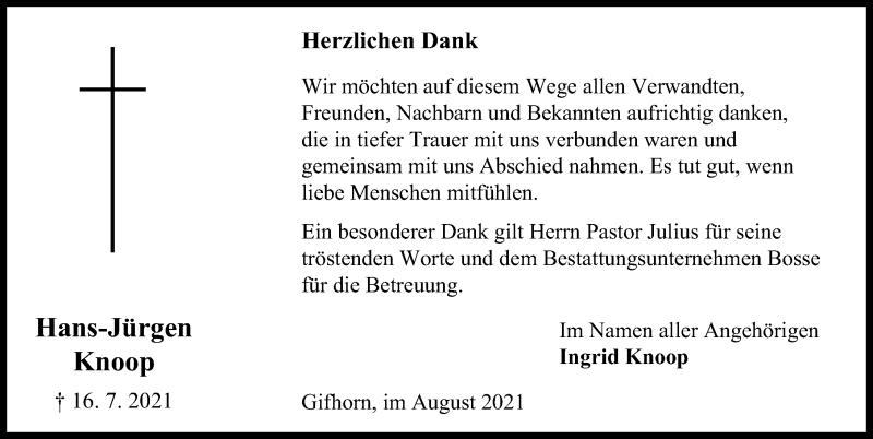  Traueranzeige für Hans-Jürgen Knoop vom 14.08.2021 aus Aller Zeitung