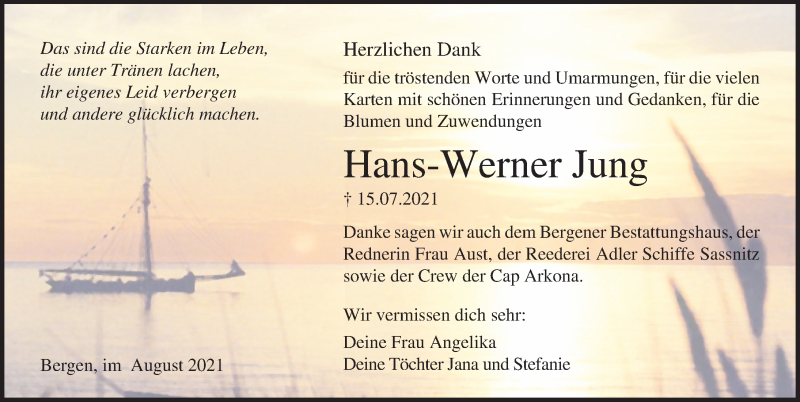  Traueranzeige für Hans-Werner Jung vom 28.08.2021 aus Ostsee-Zeitung GmbH