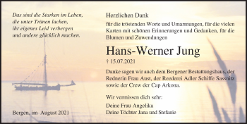 Traueranzeige von Hans-Werner Jung von Ostsee-Zeitung GmbH
