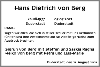 Traueranzeige von Hans Dietrich von Berg von Eichsfelder Tageblatt