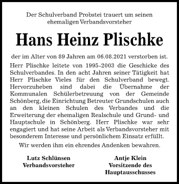 Traueranzeige von Hans Heinz Plischke von Kieler Nachrichten