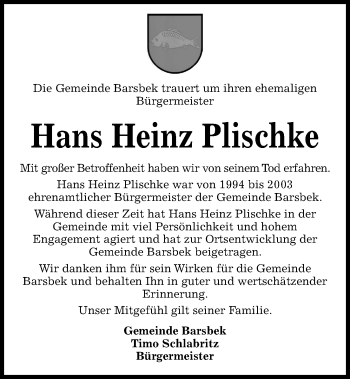 Traueranzeige von Hans Heinz Plischke von Kieler Nachrichten