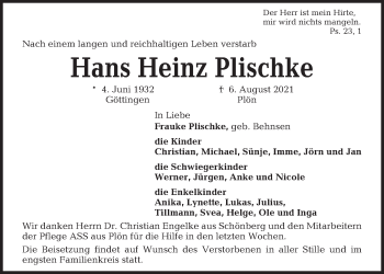 Traueranzeige von Hans Heinz Plischke von Kieler Nachrichten