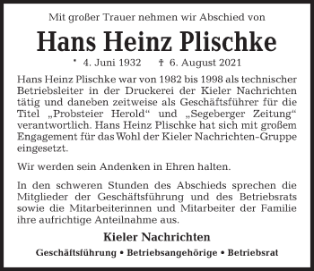 Traueranzeige von Hans Heinz Plischke von Kieler Nachrichten