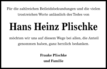 Traueranzeige von Hans Heinz Plischke von Kieler Nachrichten