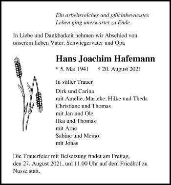 Traueranzeige von Hans Joachim Hafemann von Lübecker Nachrichten