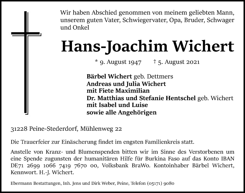  Traueranzeige für Hans Joachim Wichert vom 07.08.2021 aus Peiner Allgemeine Zeitung