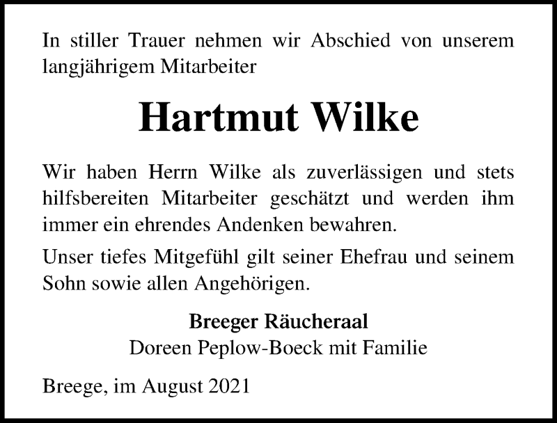  Traueranzeige für Hartmut Wilke vom 28.08.2021 aus Ostsee-Zeitung GmbH