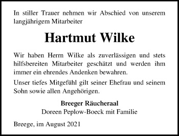Traueranzeige von Hartmut Wilke von Ostsee-Zeitung GmbH