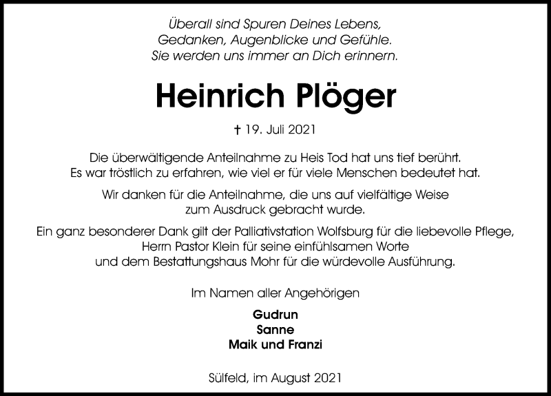  Traueranzeige für Heinrich Plöger vom 28.08.2021 aus Aller Zeitung