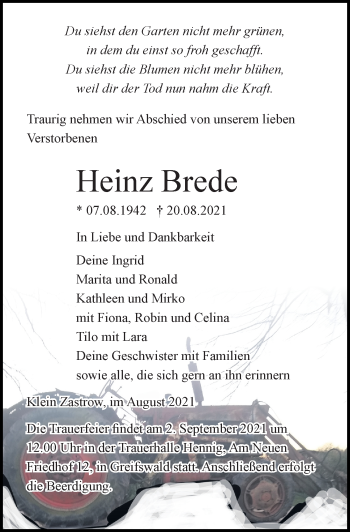 Traueranzeige von Heinz Brede von Ostsee-Zeitung GmbH