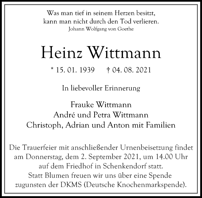 Traueranzeigen von Heinz Wittmann | trauer-anzeigen.de