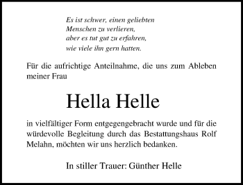 Traueranzeige von Hella Helle von Ostsee-Zeitung GmbH