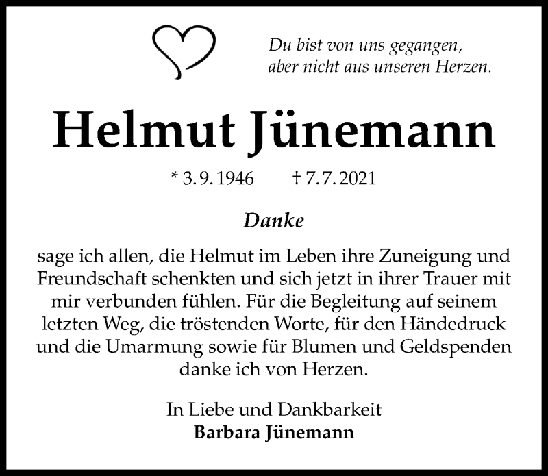  Traueranzeige für Helmut Jünemann vom 14.08.2021 aus Hannoversche Allgemeine Zeitung/Neue Presse