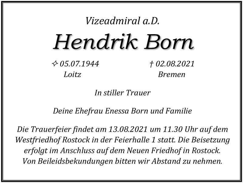  Traueranzeige für Hendrik Born vom 07.08.2021 aus Ostsee-Zeitung GmbH