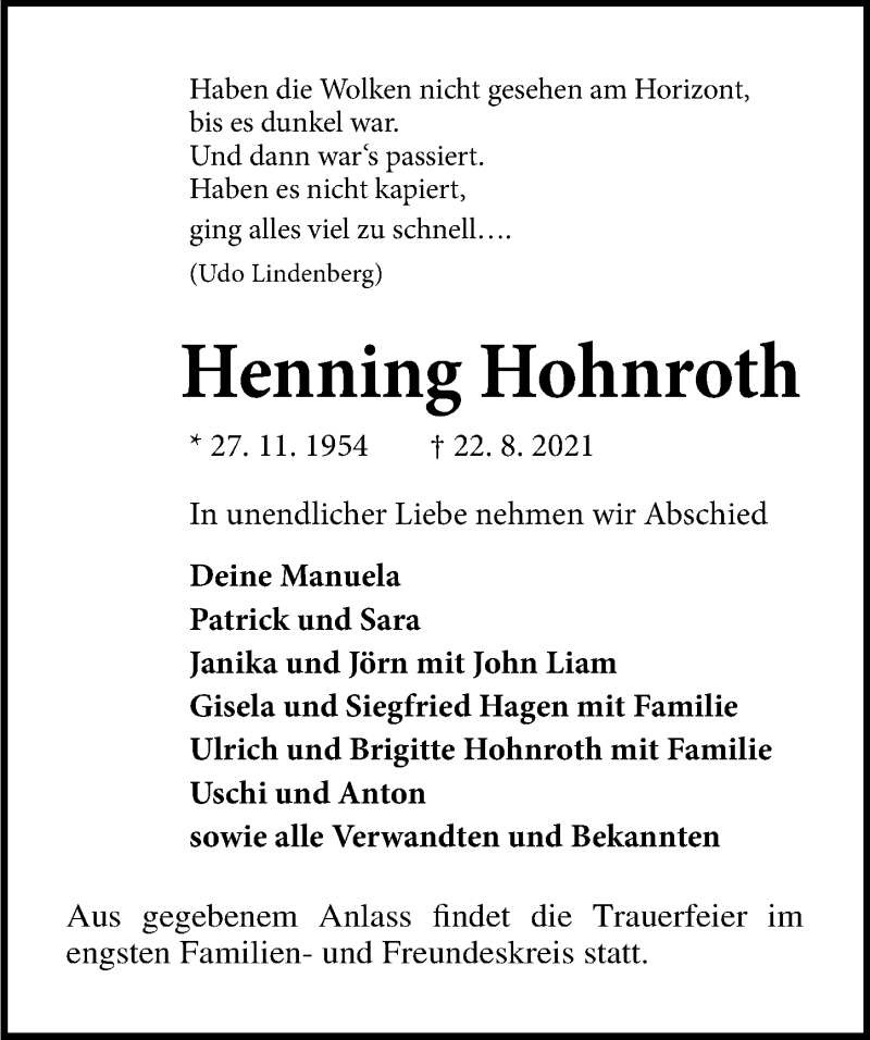  Traueranzeige für Henning Hohnroth vom 29.08.2021 aus Lübecker Nachrichten
