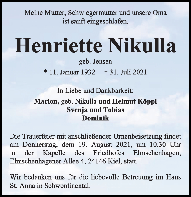  Traueranzeige für Henriette Nikulla vom 14.08.2021 aus Kieler Nachrichten