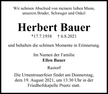 Traueranzeige von Herbert Bauer von Kieler Nachrichten