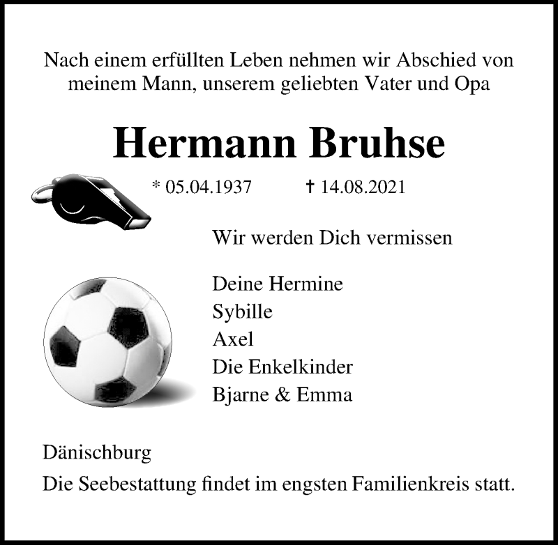  Traueranzeige für Hermann Bruhse vom 22.08.2021 aus Lübecker Nachrichten