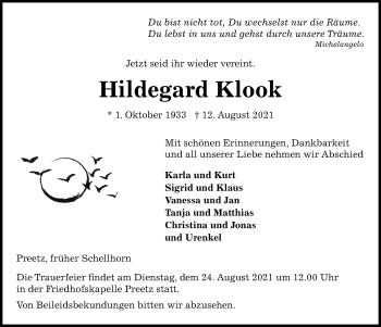 Traueranzeige von Hildegard Klook von Kieler Nachrichten