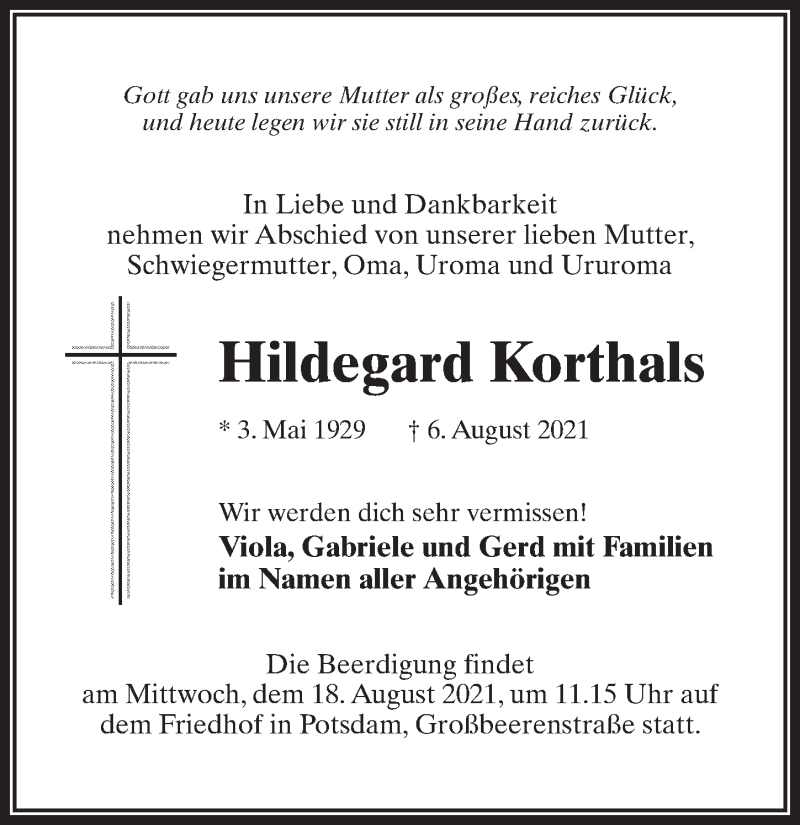  Traueranzeige für Hildegard Korthals vom 14.08.2021 aus Märkischen Allgemeine Zeitung