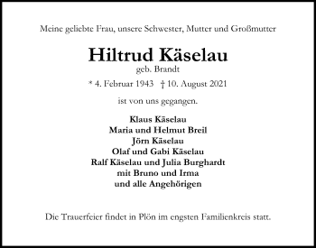 Traueranzeige von Hiltrud Käselau von Kieler Nachrichten