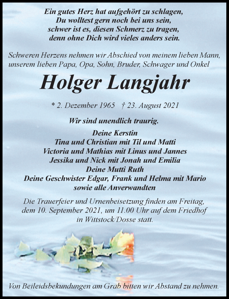  Traueranzeige für Holger Langjahr vom 28.08.2021 aus Märkischen Allgemeine Zeitung
