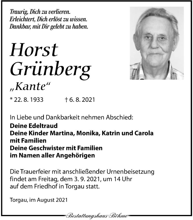  Traueranzeige für Horst Grünberg vom 14.08.2021 aus Torgauer Zeitung