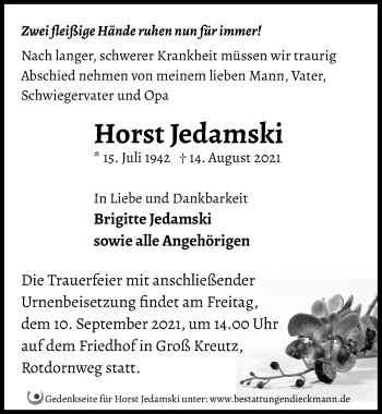 Traueranzeige von Horst Jedamski von Märkischen Allgemeine Zeitung