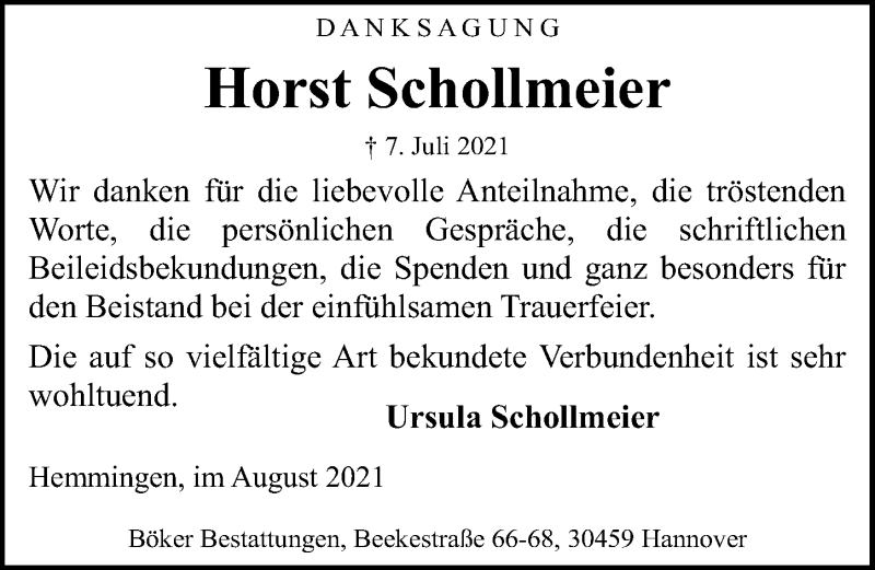  Traueranzeige für Horst Schollmeier vom 14.08.2021 aus Hannoversche Allgemeine Zeitung/Neue Presse