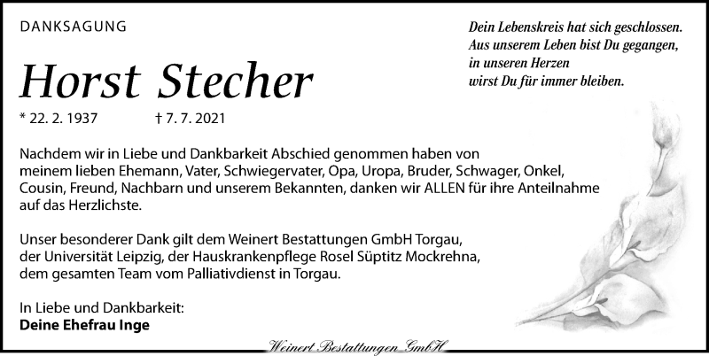  Traueranzeige für Horst Stecher vom 28.08.2021 aus Torgauer Zeitung