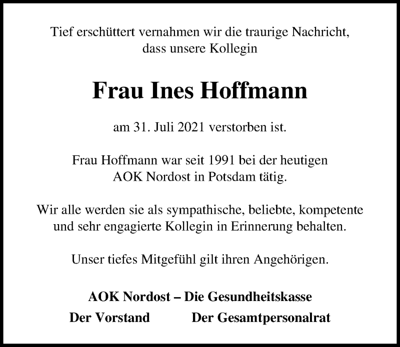  Traueranzeige für Ines Hoffmann vom 07.08.2021 aus Märkischen Allgemeine Zeitung