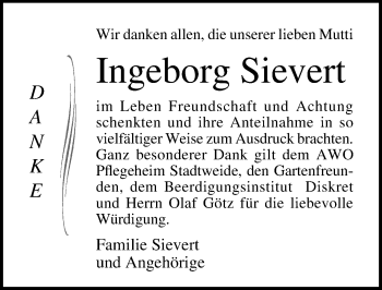 Traueranzeige von Ingeborg Sievert von Ostsee-Zeitung GmbH