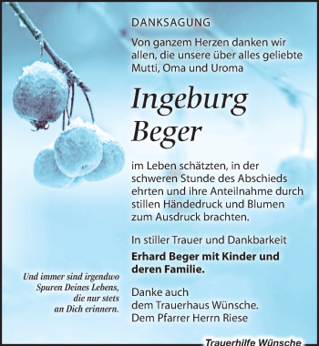 Traueranzeige von Ingeburg Beger von Leipziger Volkszeitung
