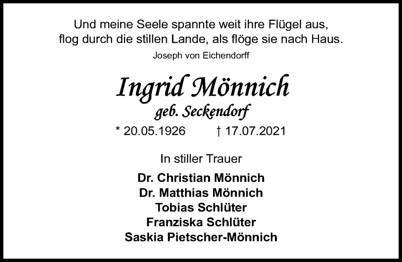  Traueranzeige für Ingrid Mönnich vom 21.08.2021 aus Märkischen Allgemeine Zeitung