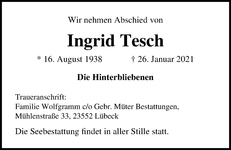  Traueranzeige für Ingrid Tesch vom 22.08.2021 aus Lübecker Nachrichten